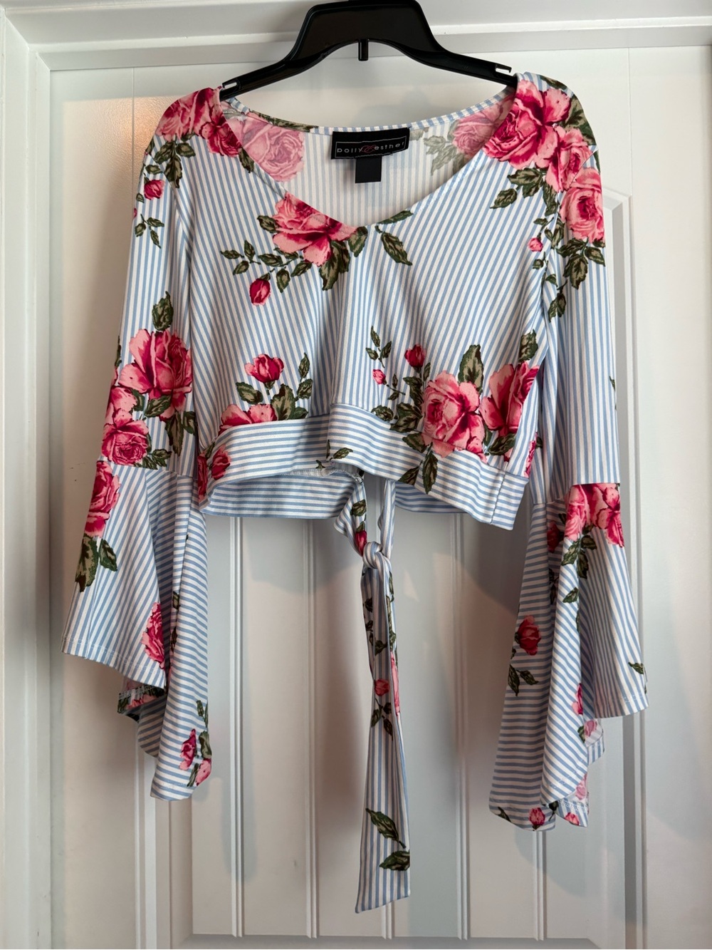 Polly & Esther Blue Stripe Pink Rose Floral Tie-Front Crop Top